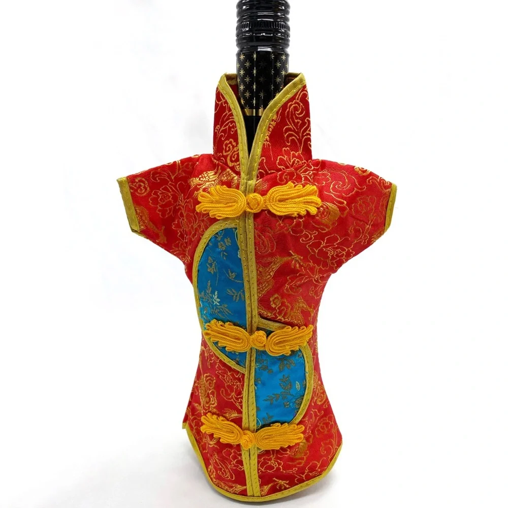 Chinese Brocade Dress Wine Bottle Covers Cheongsam Set of 2 NEW